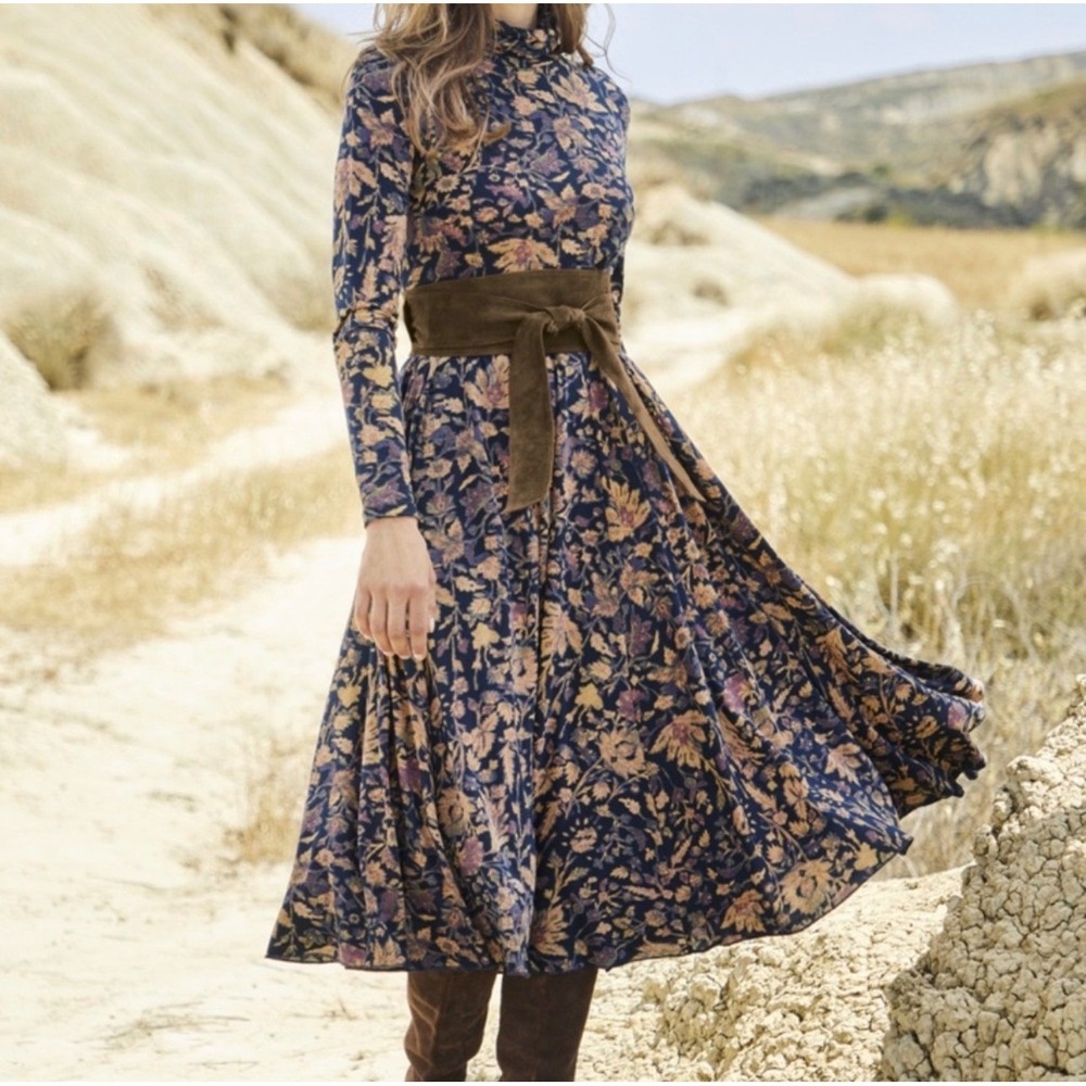 Peruvian Connection Navy Floral Midi Dress with Brown Belt